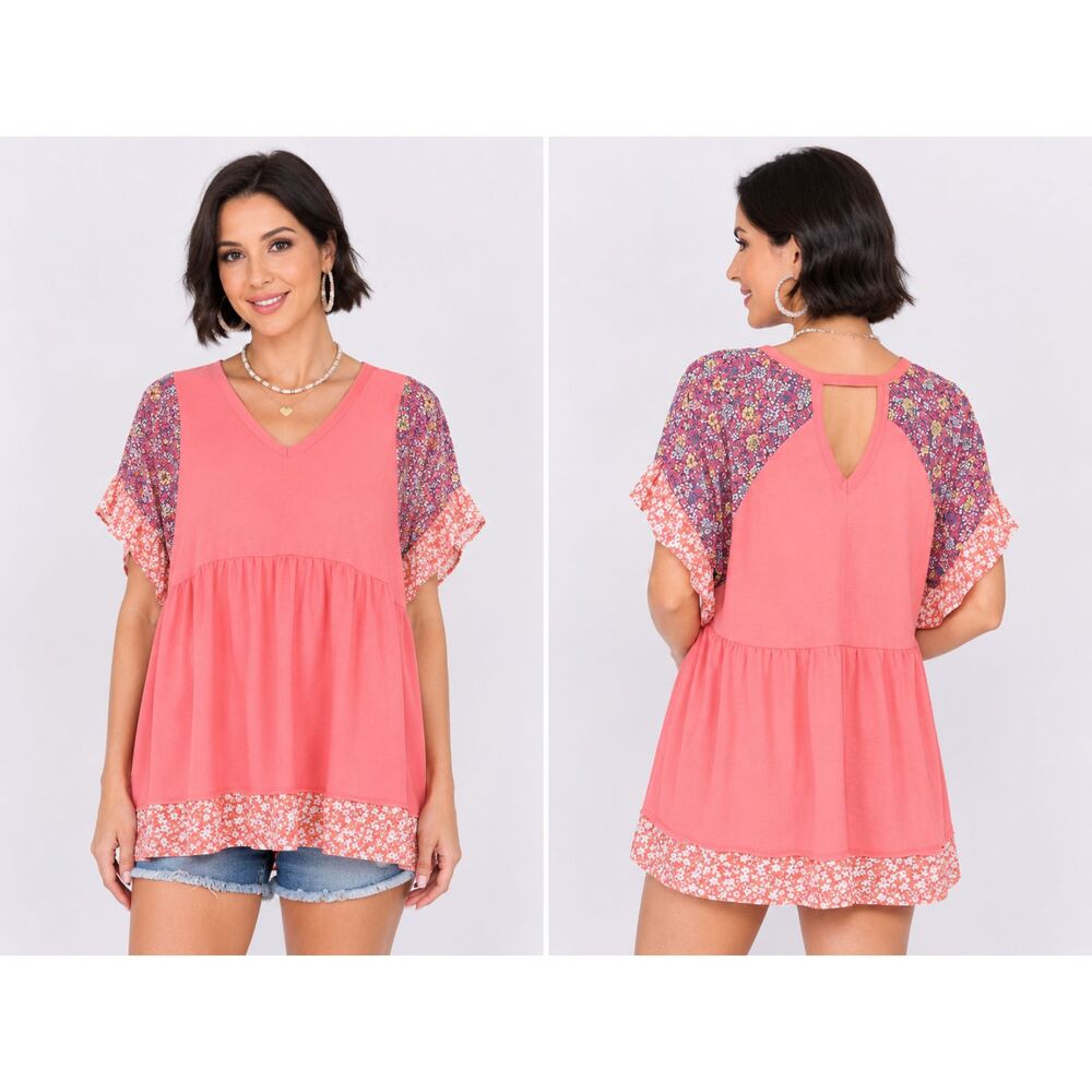 New GIGIO Oversized Small Rose Peach Floral Mix Ruffle Sleeve Pullover Top